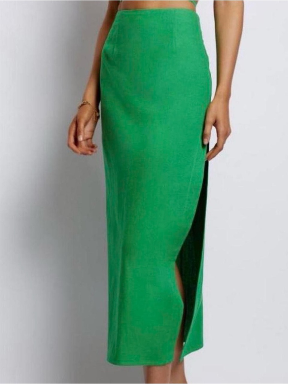 Meshki Green High-Waist Midi Skirt with Side Slit